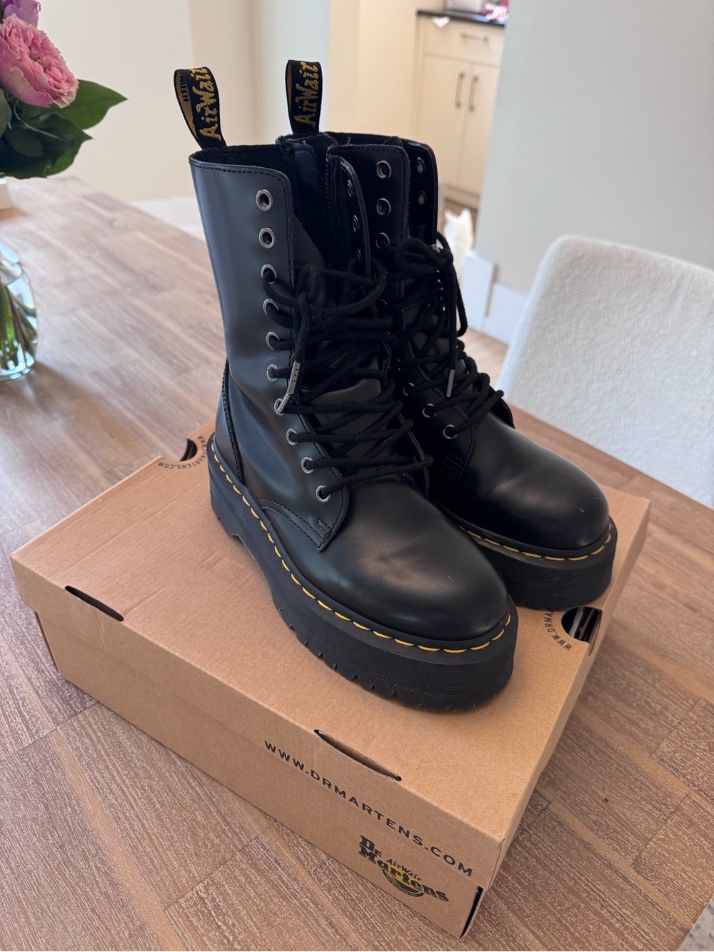 Dr. Martens Black Platform Lace-Up Combat Boots with Yellow Stitching